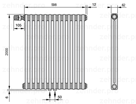 Схема (чертеж) Радиатор Zehnder Charleston 2200/13 №V007 Белый глянцевый RAL 9016